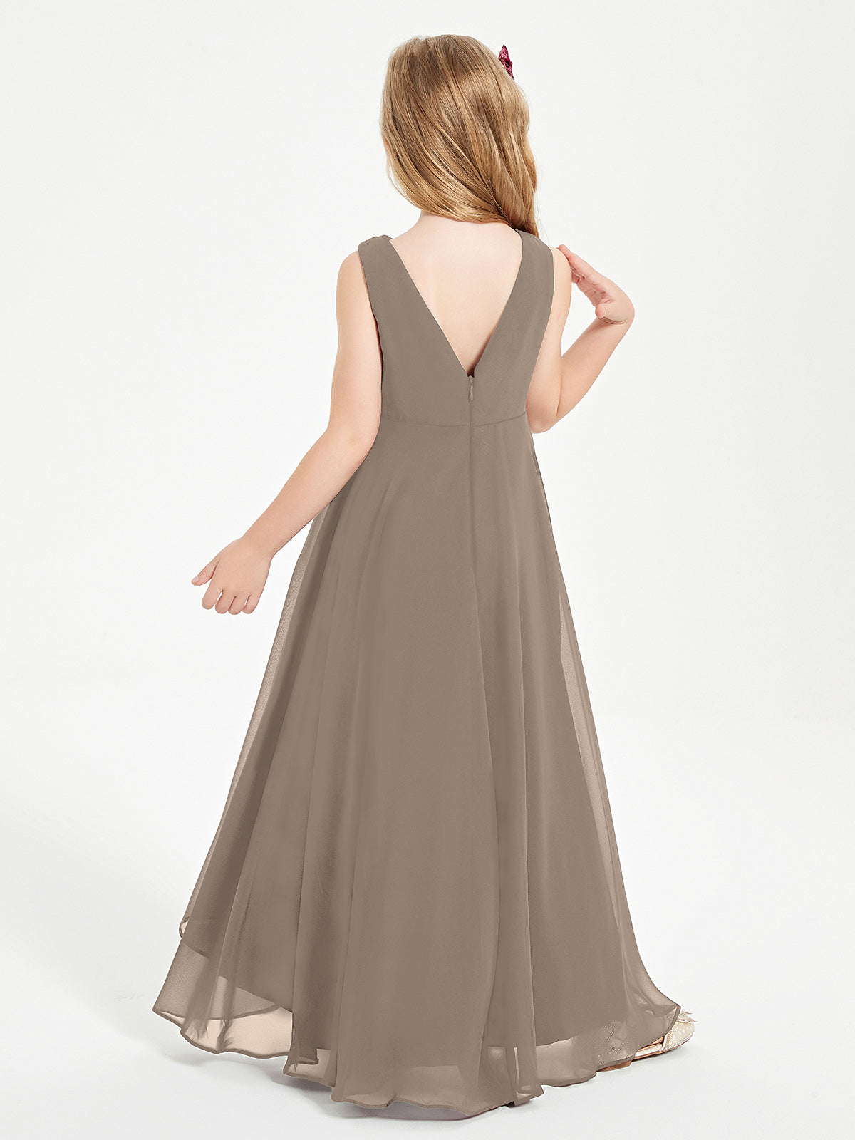 Modern Asymmetrical Cowl Neck Junior Bridesmaid Dresses Taupe
